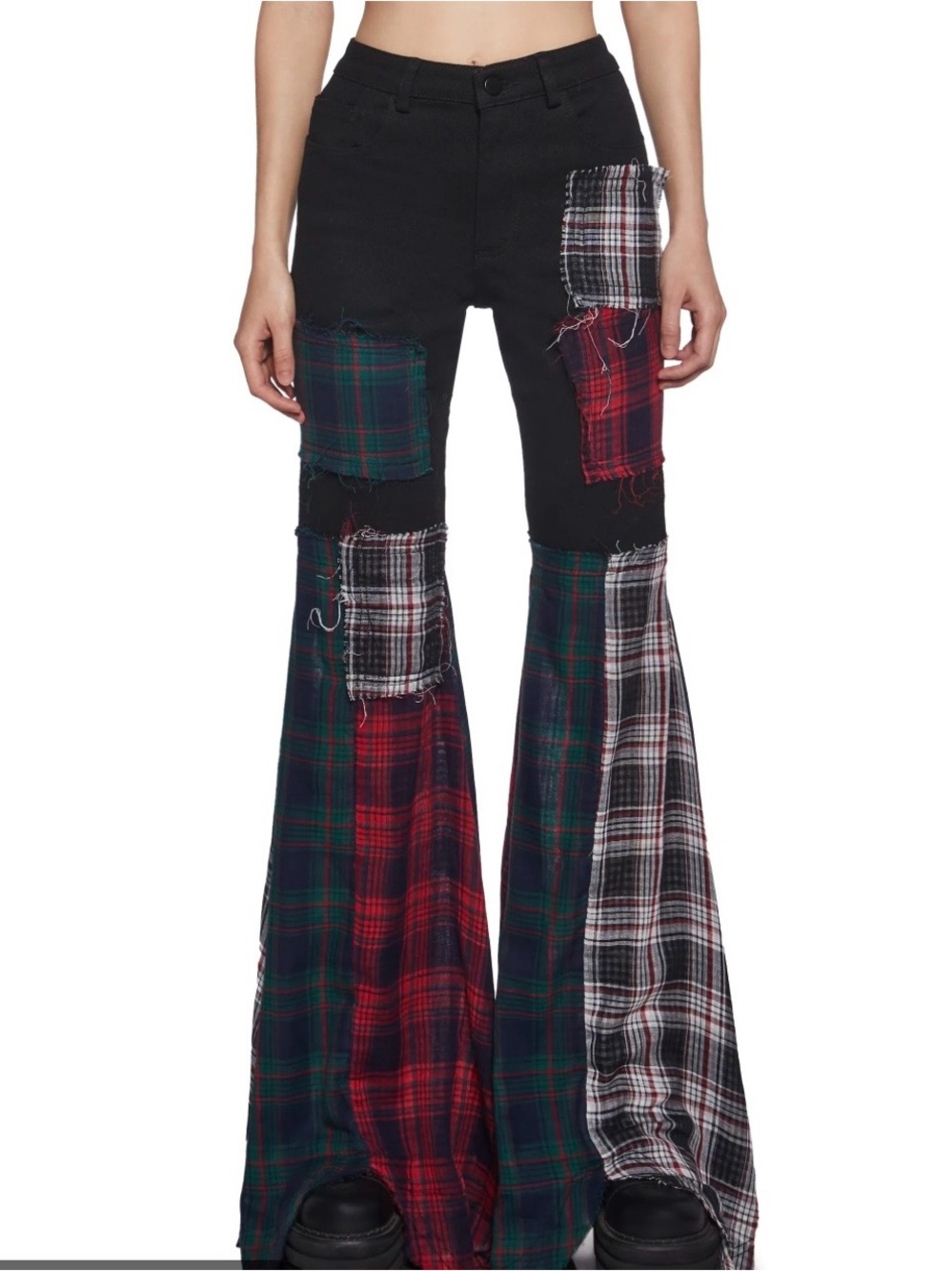 Current Mood Black Jeans with Red, Green & White Plaid Patches. Women’s Size XL.